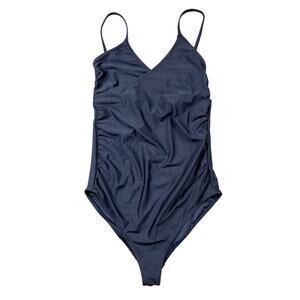 NEW Wolf & Whistle One Piece Swimsuit Wrap V Neck Navy Blue Women Size Large